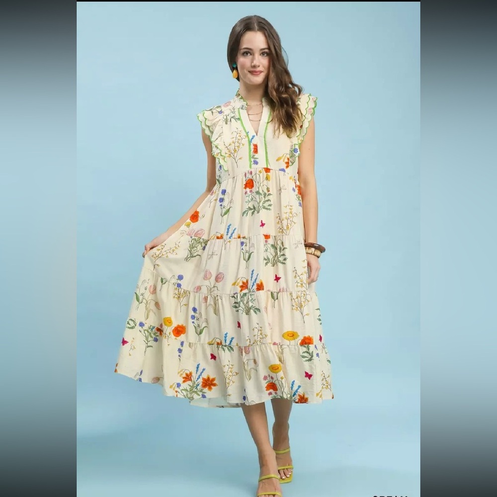 Umgee Floral Ruffle Tiered Midi Dress with Scalloped Detail